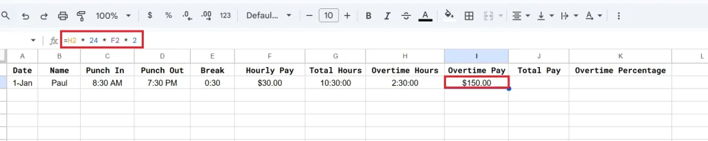 calculate double time pay in google sheets