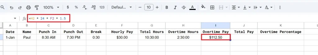 how to calculate time and a half in google sheets