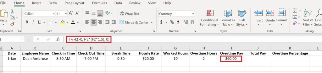 Visual example of calculating time and a half in excel