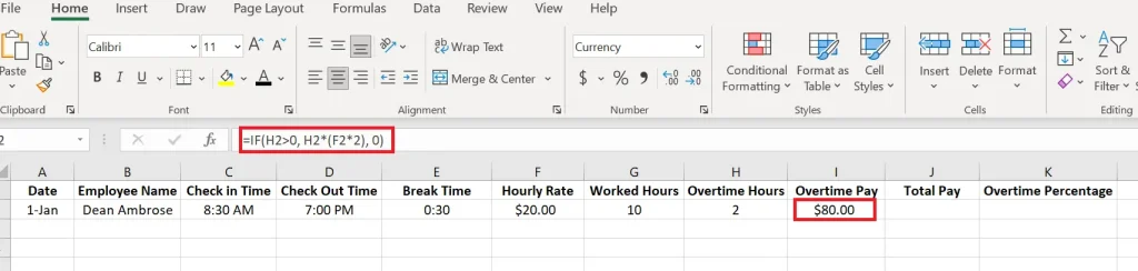 double time pay calculation formula in excel