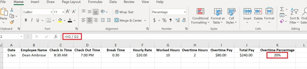 calculate overtime percentage in excel
