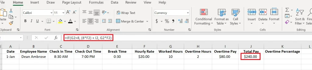 calculate total pay in excel by using IF function