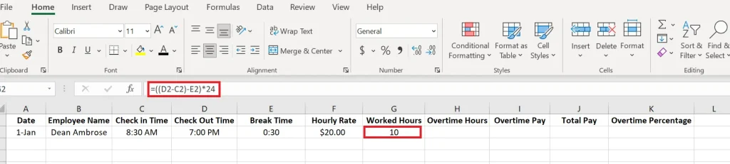 formula to calculate total worked hours in excel