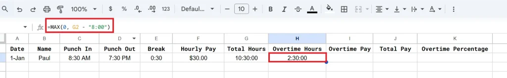 how to calculate overtime in google sheets