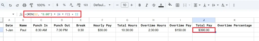formula to find doublt time pay in google sheets