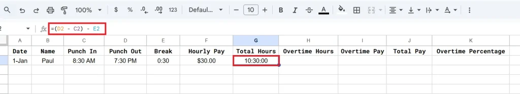 visual example of how to calculate total worked hours in goole sheet
