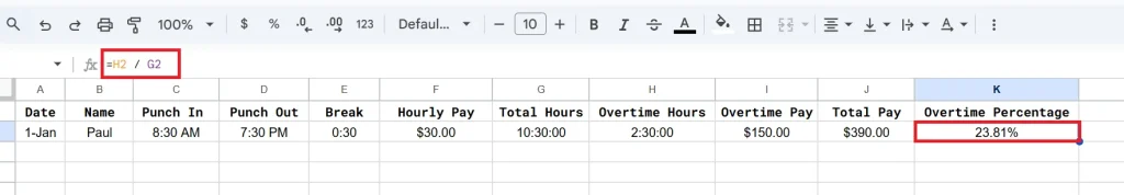 find overtime percentage in google sheets